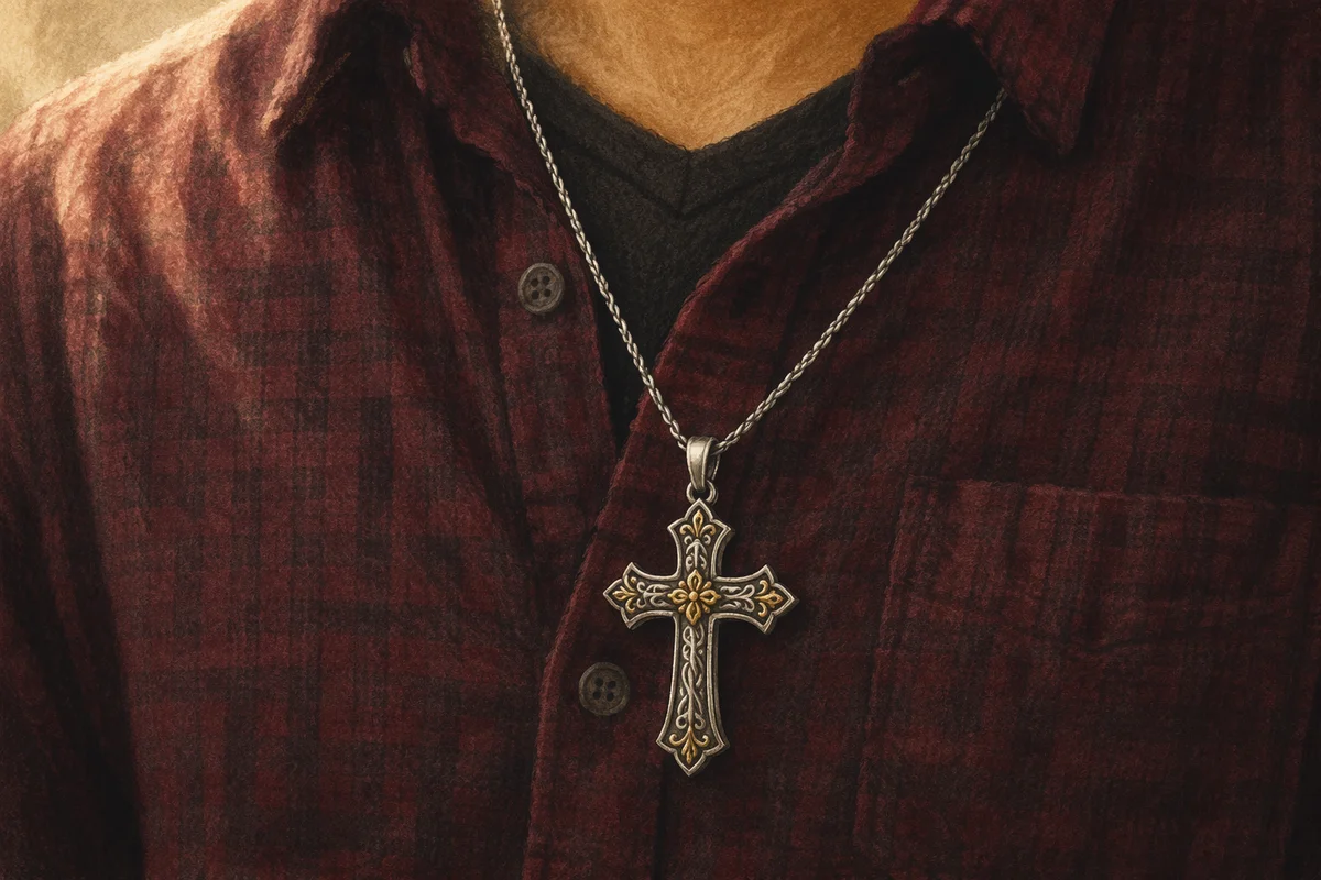 Silver Cross Necklace on Burgundy Shirt