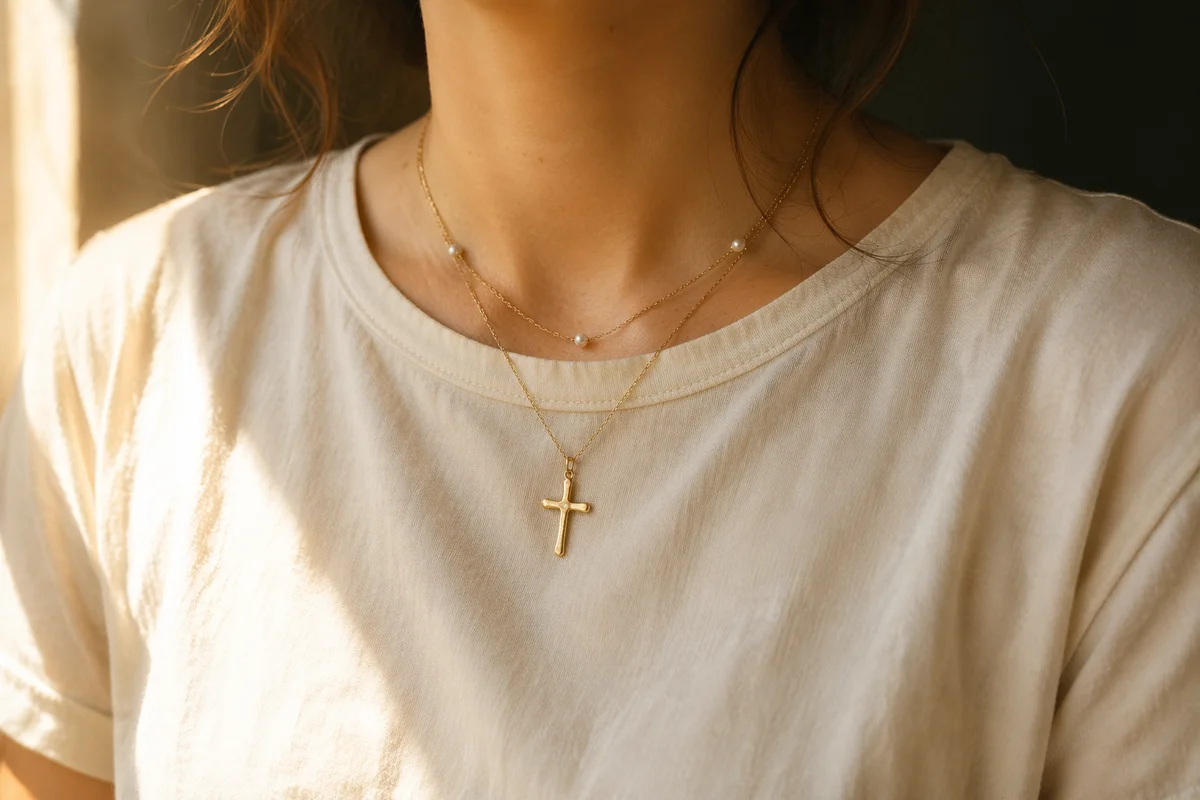 Gold Cross Necklace in Warm Window Light