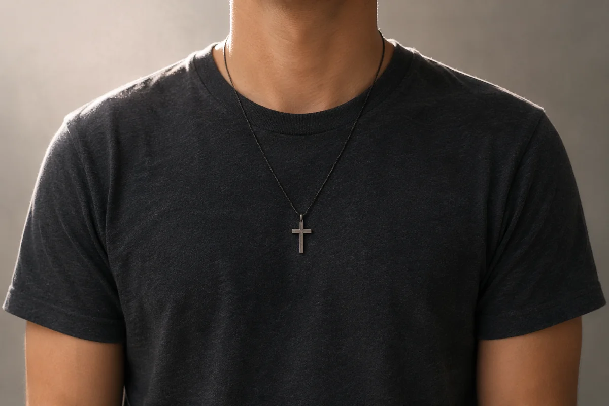 Simple Cross Necklace on Charcoal Shirt