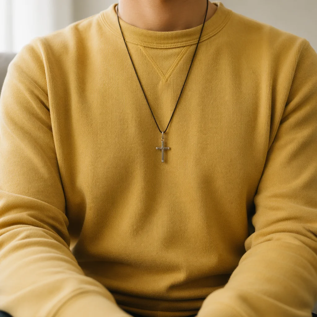 Cross Necklace on Mustard Knit Sweatshirt