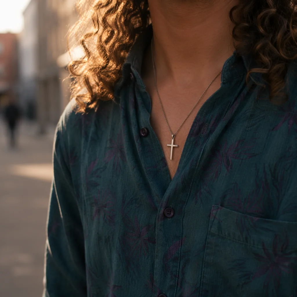 Cross Necklace on Casual Teal Shirt