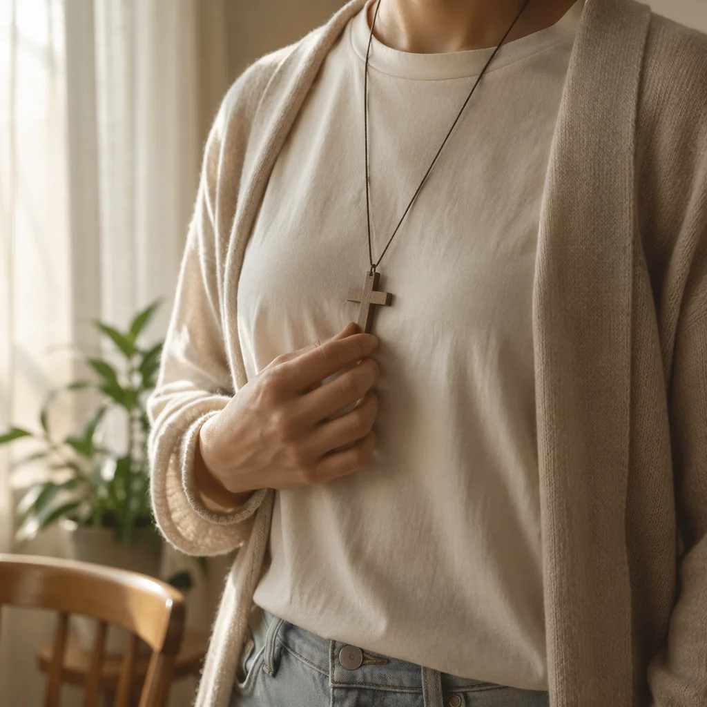 Wooden Cross Necklace in Morning Light