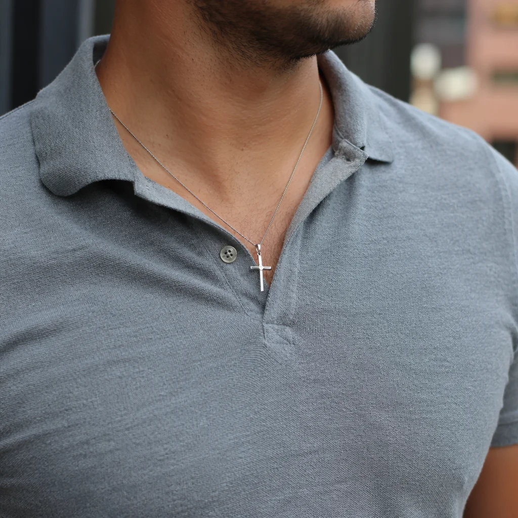 Silver Cross Necklace on Casual Polo