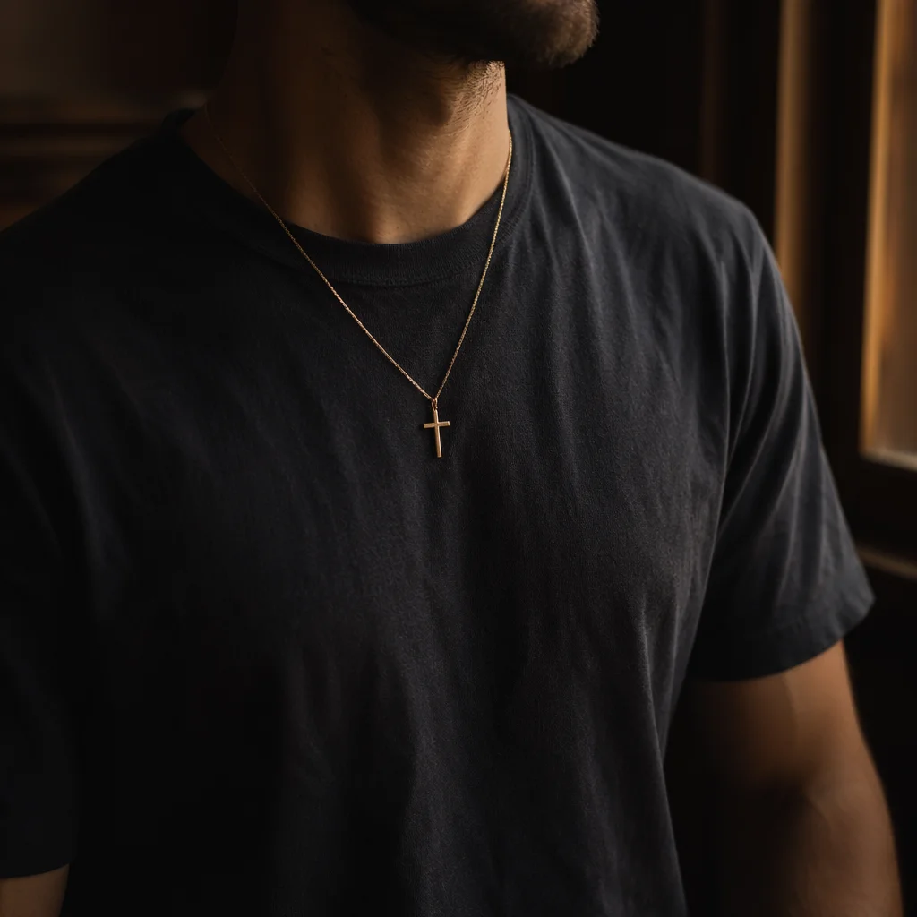 Gold Cross Necklace in Warm Lifestyle Portrait