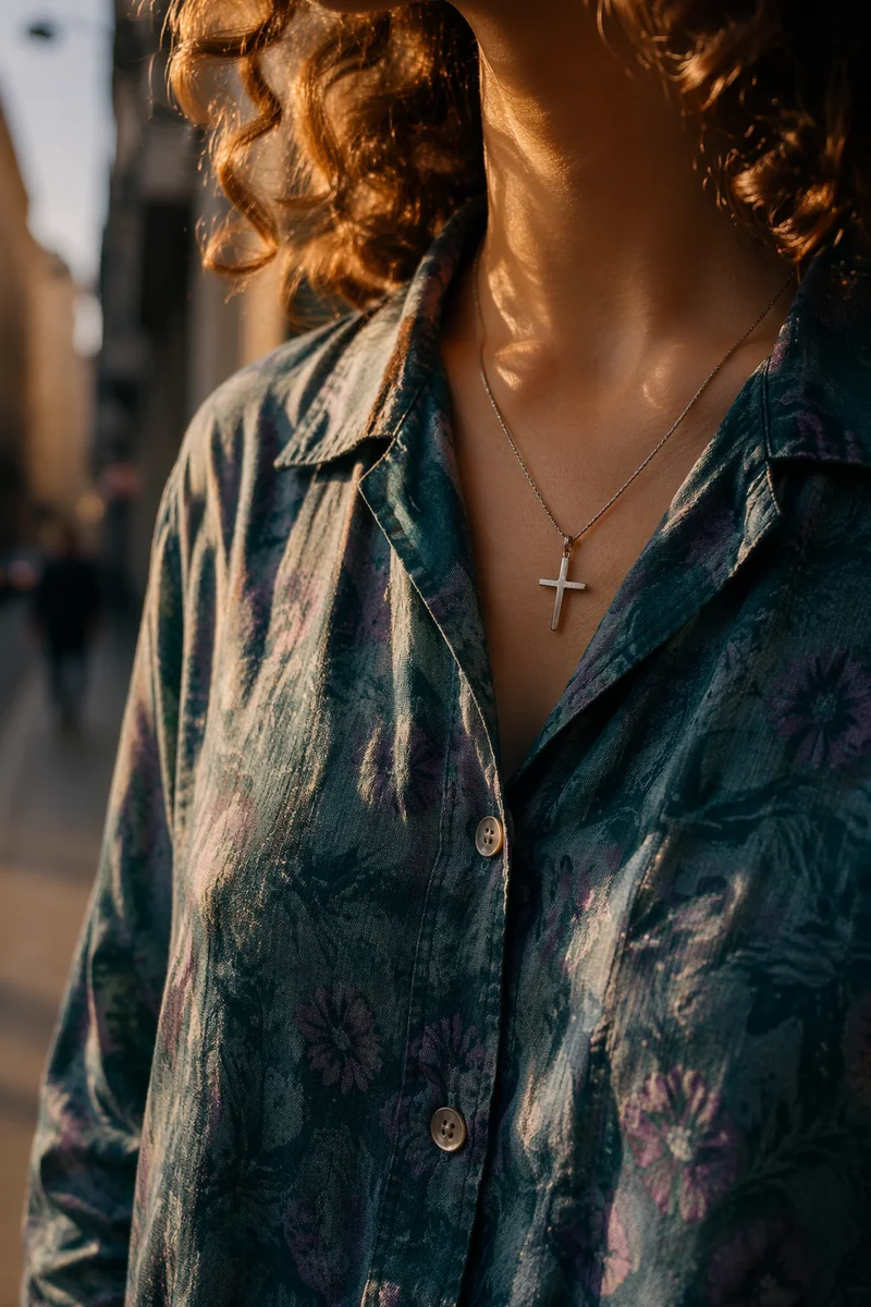 Cross Necklace on Casual Teal Shirt