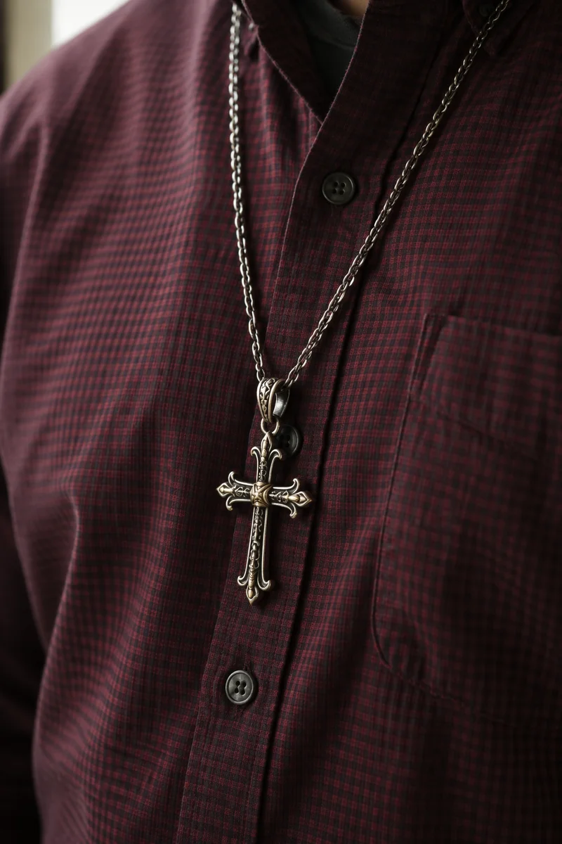 Silver Cross Necklace on Burgundy Shirt
