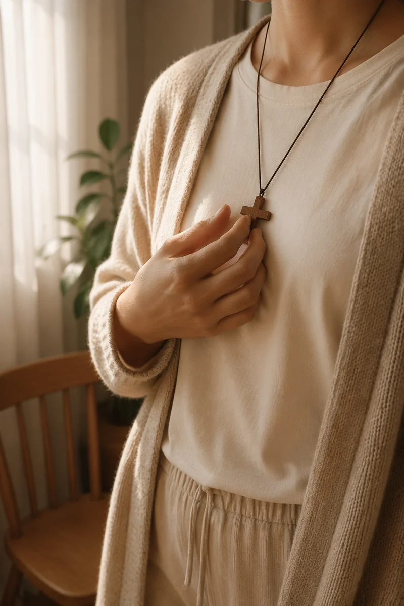 Wooden Cross Necklace in Morning Light