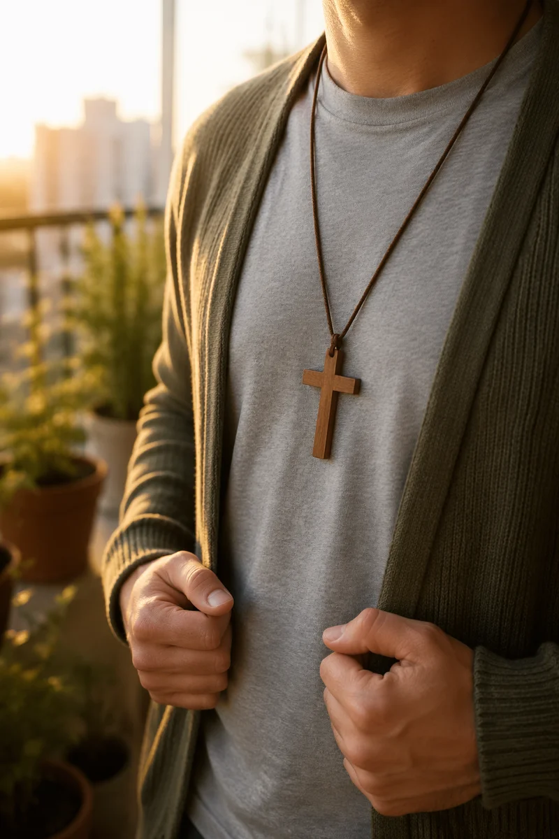 Wooden Cross Necklace in Morning Light