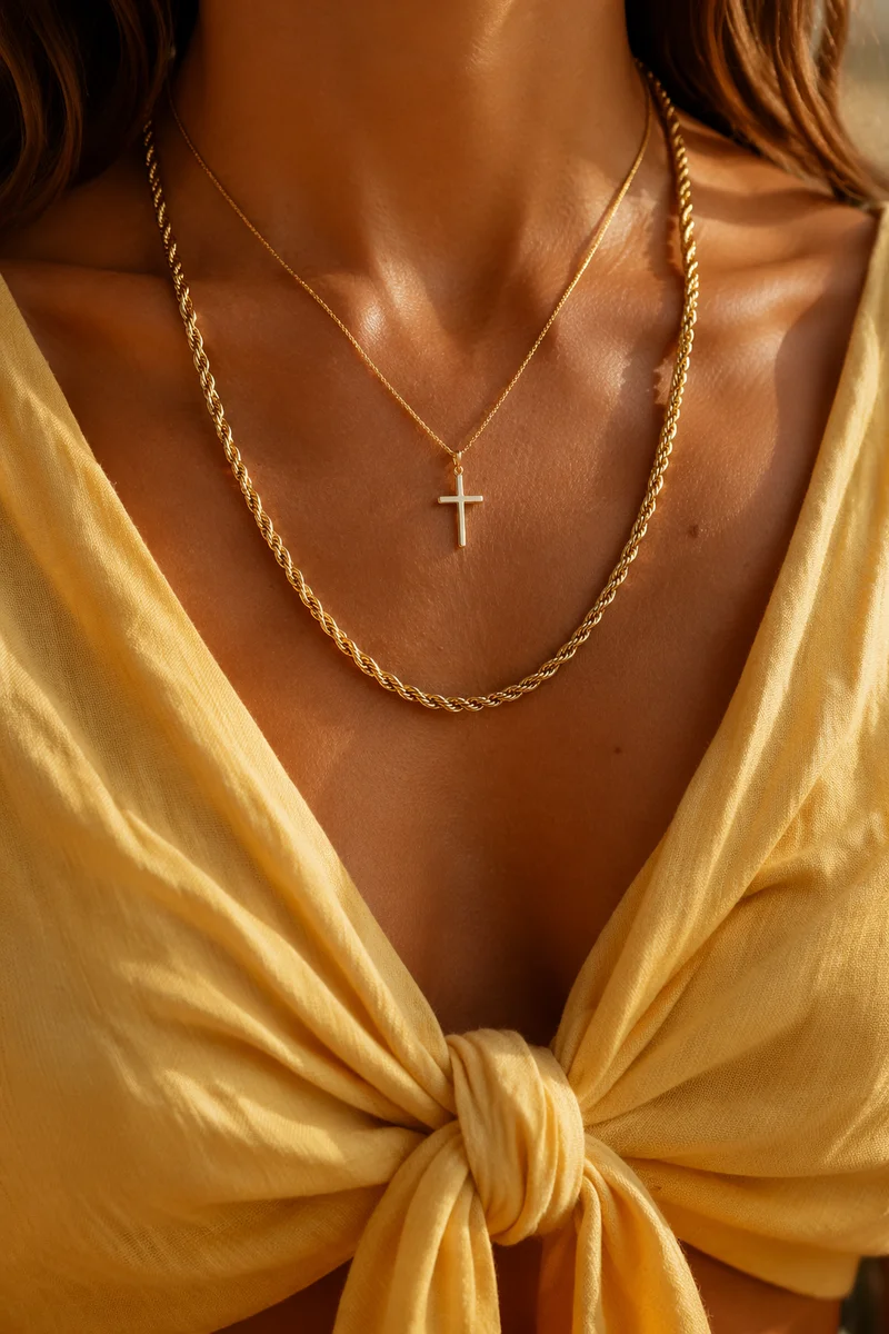 Gold Cross Necklace Lifestyle Close-Up Portrait