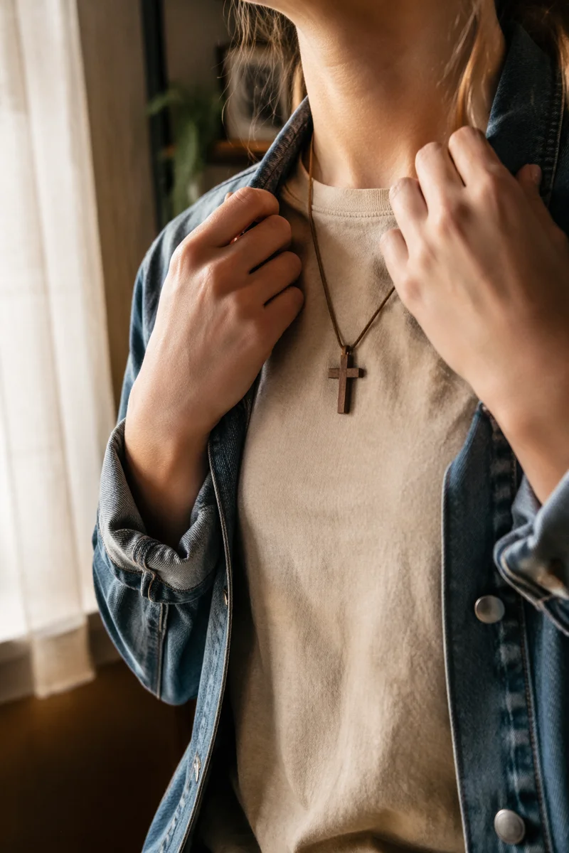 Wooden Cross Necklace in Morning Light