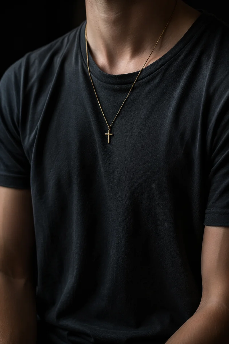 Gold Cross Necklace on Charcoal Shirt