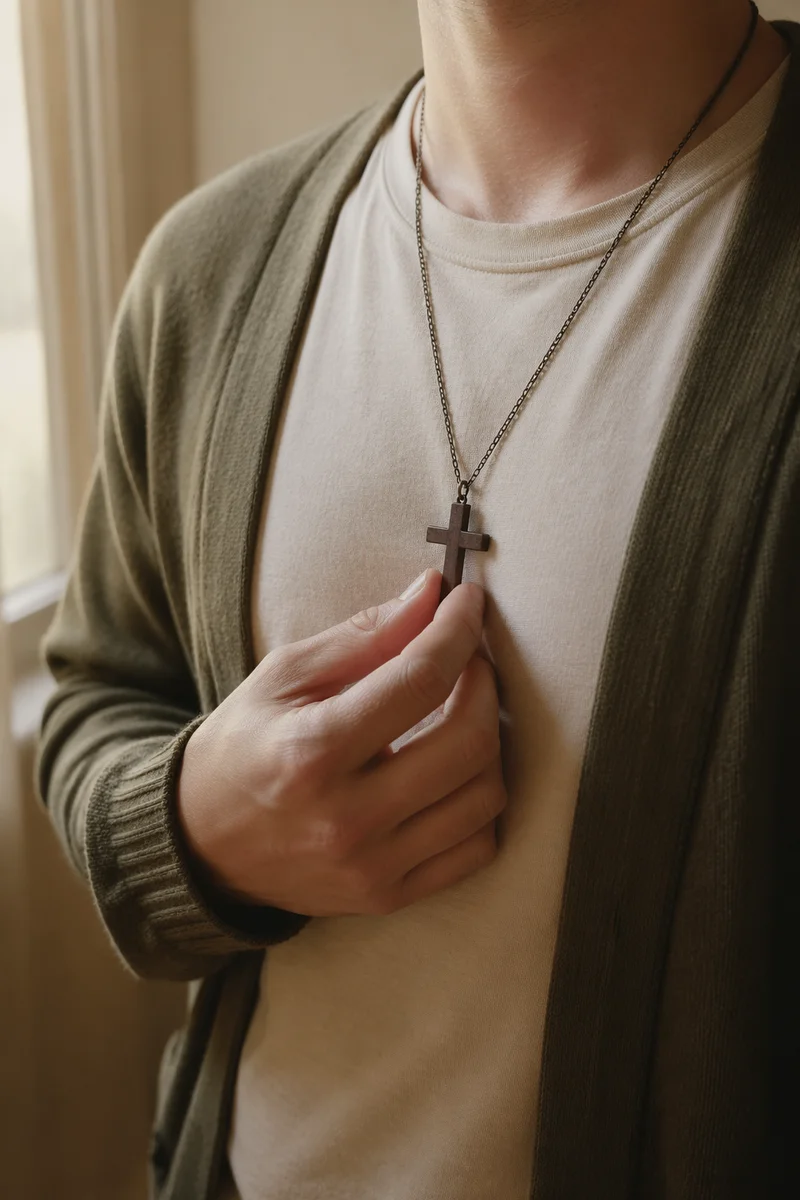 Wooden Cross Necklace in Quiet Morning Light