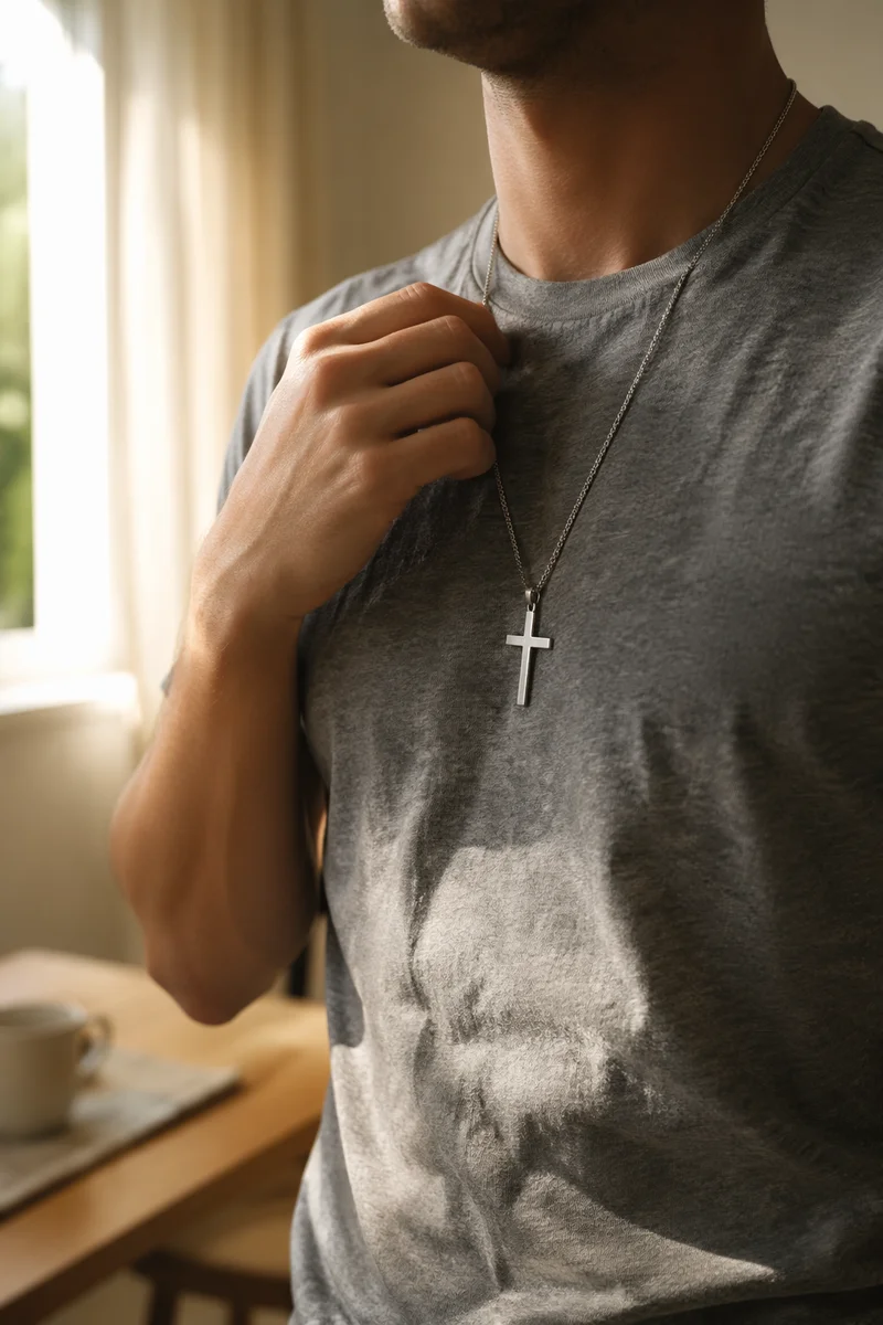 Silver Cross Necklace in Morning Light