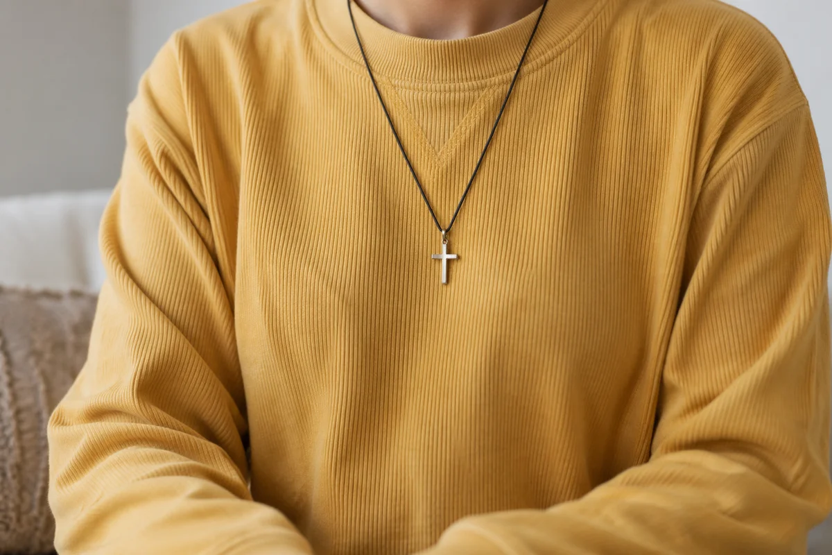Cross Necklace on Mustard Knit Sweatshirt