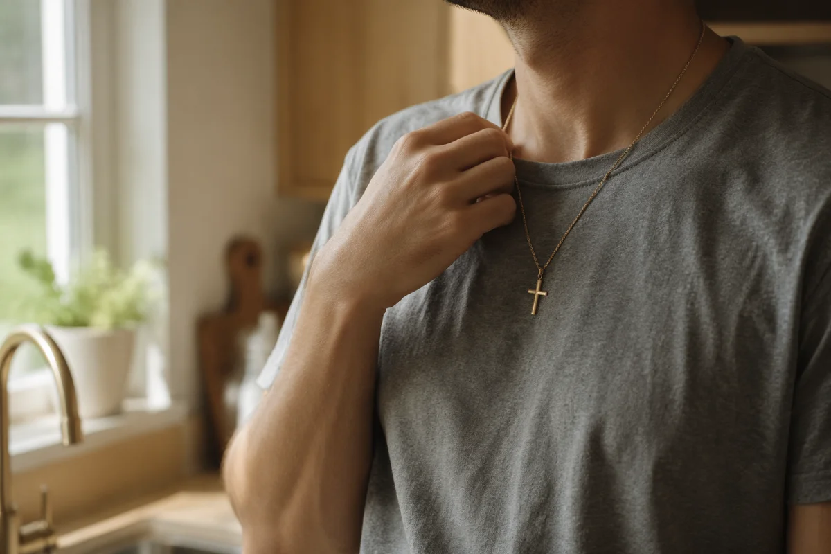 Cross Necklace on Gray T-Shirt