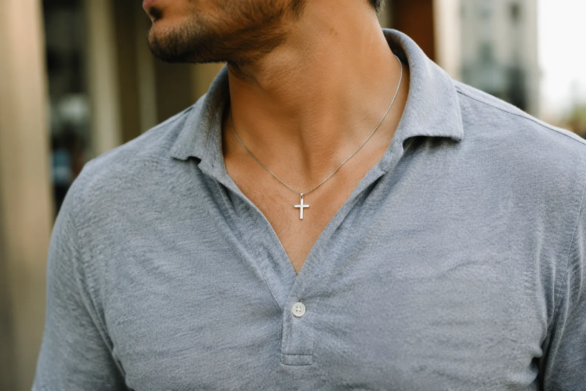 Silver Cross Necklace on Casual Shirt