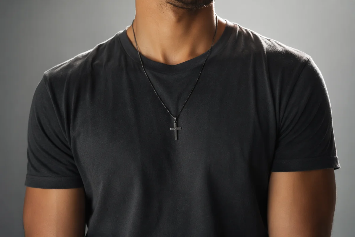 Simple Cross Necklace on Charcoal Shirt