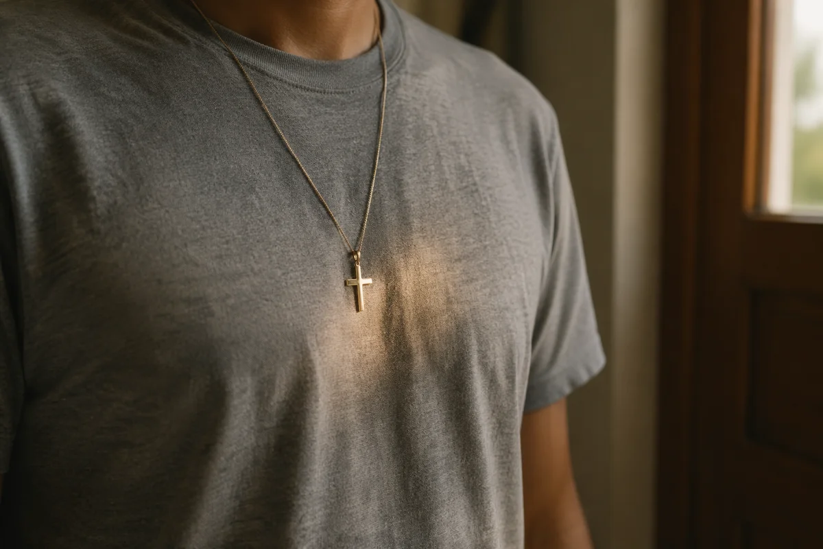 Simple Cross Necklace on Gray Shirt