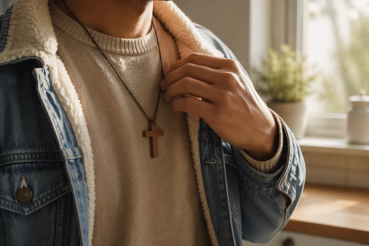 Wooden Cross Necklace in Morning Light