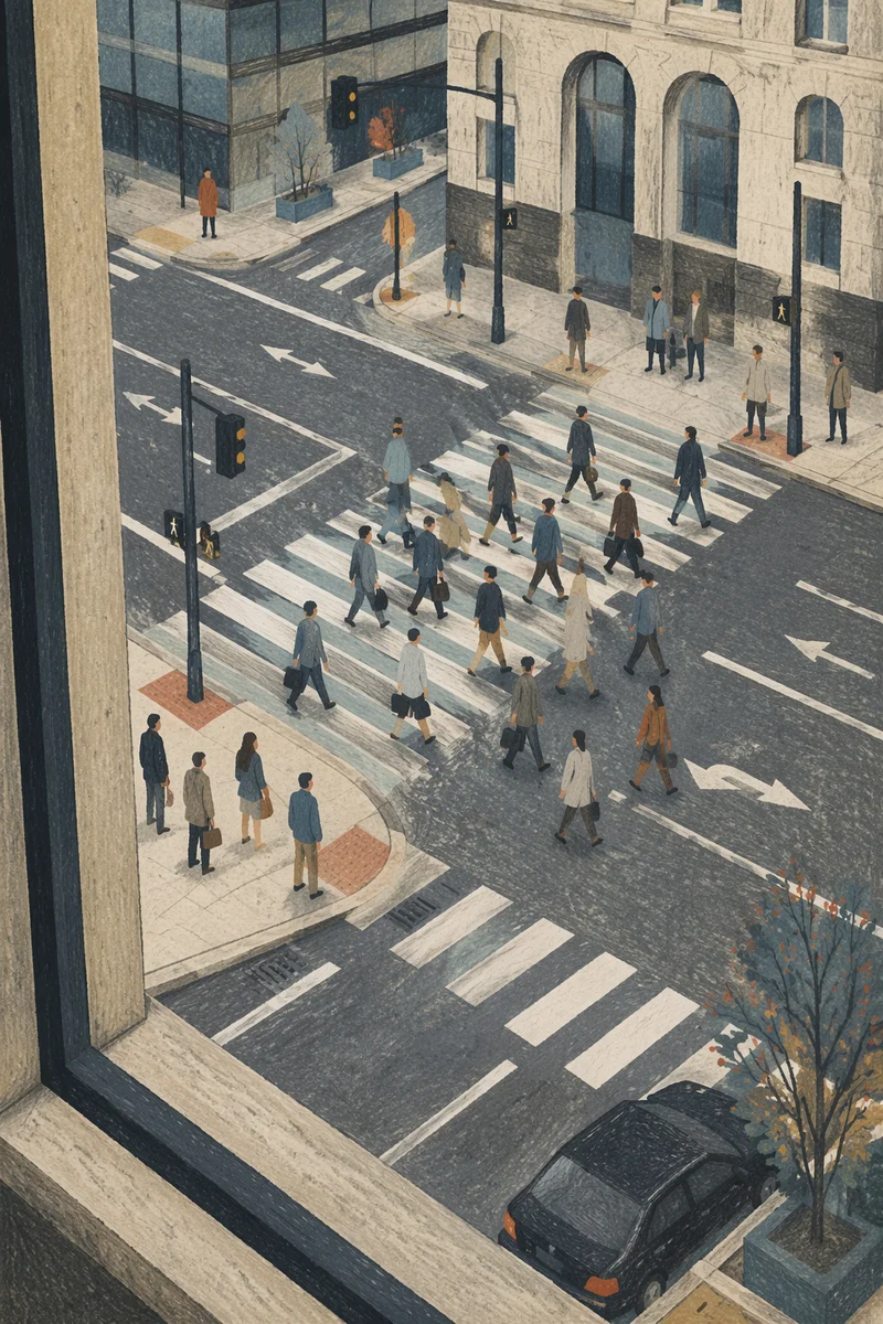 Busy Downtown Crosswalk from Above