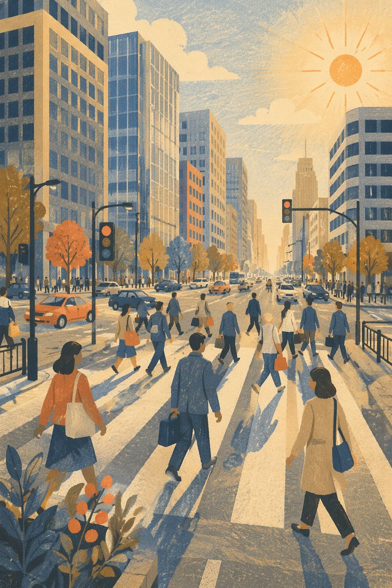 Busy Downtown Crosswalk at Golden Hour