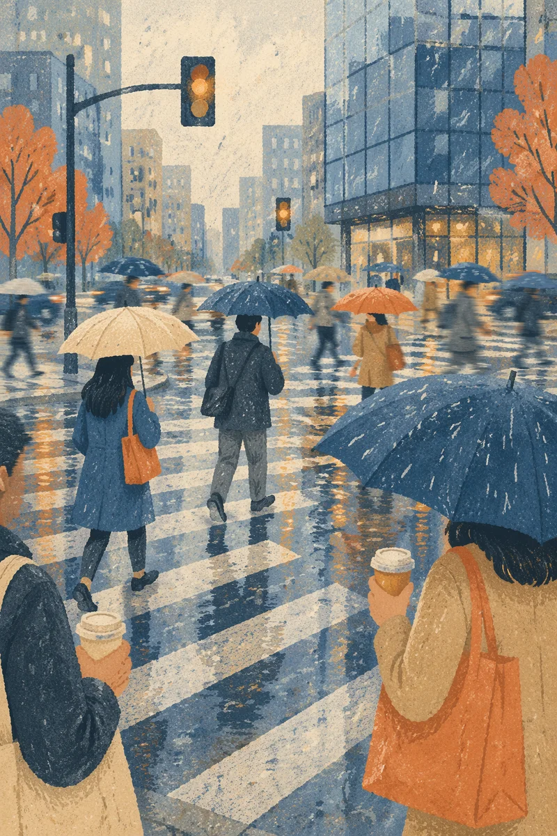 Rainy Downtown Crosswalk Morning Commute