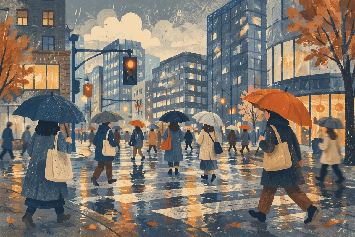 Rainy Downtown Crosswalk at Rush Hour