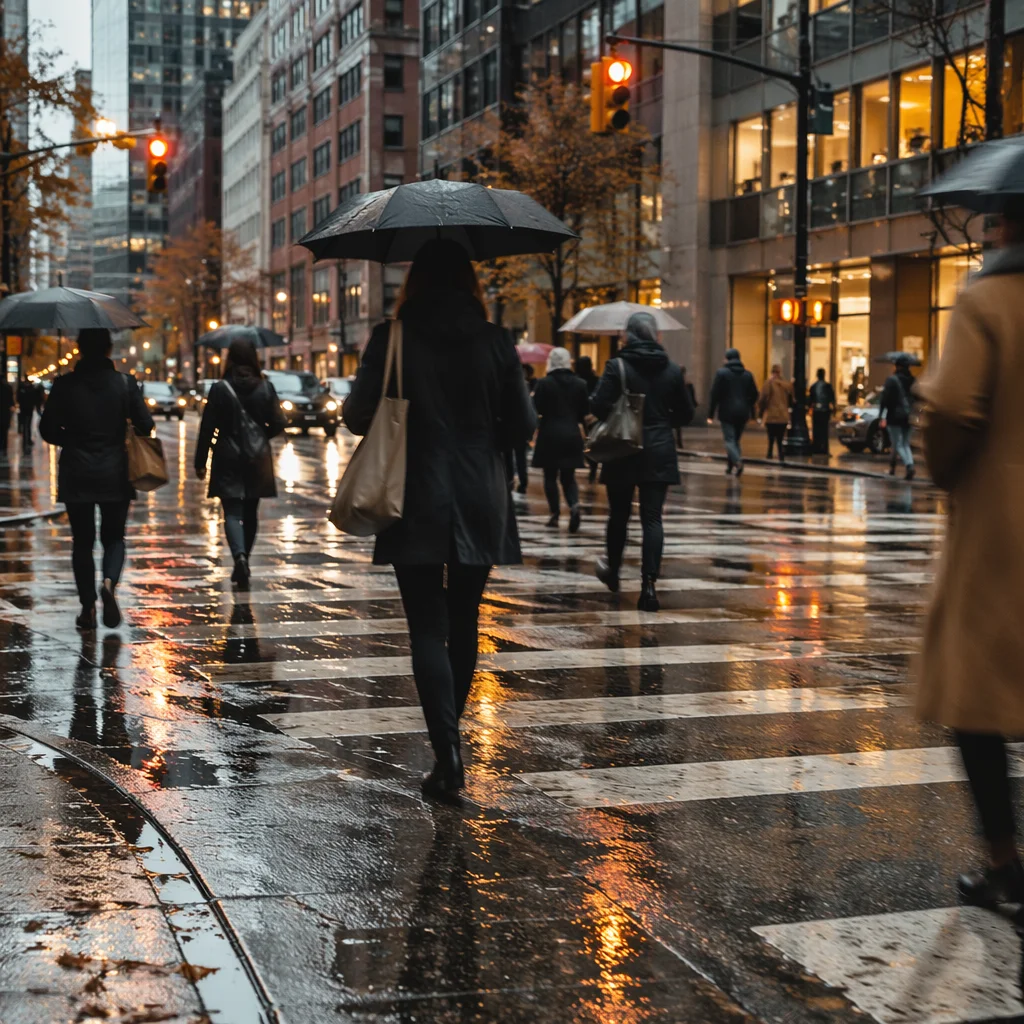 Rainy Downtown Crosswalk at Rush Hour