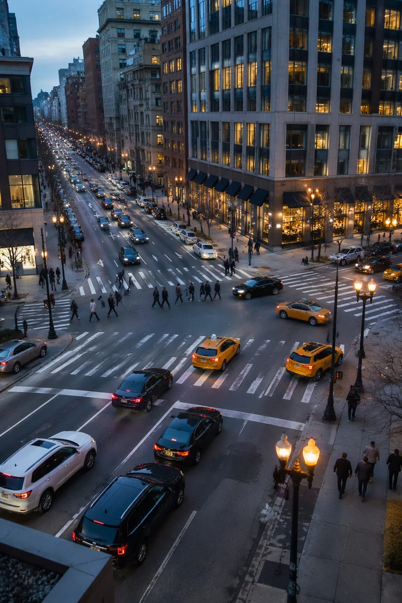 Busy Downtown Crosswalk at Dusk