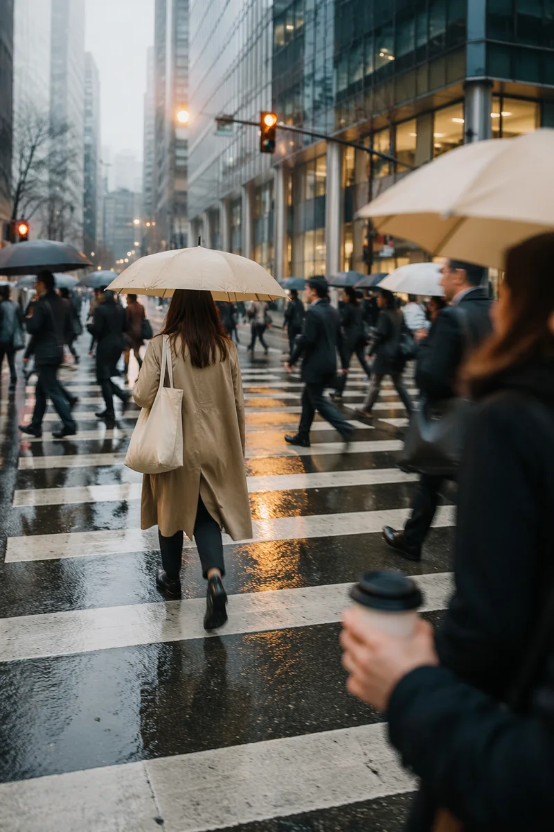 Rainy Downtown Crosswalk Morning Commute Scene