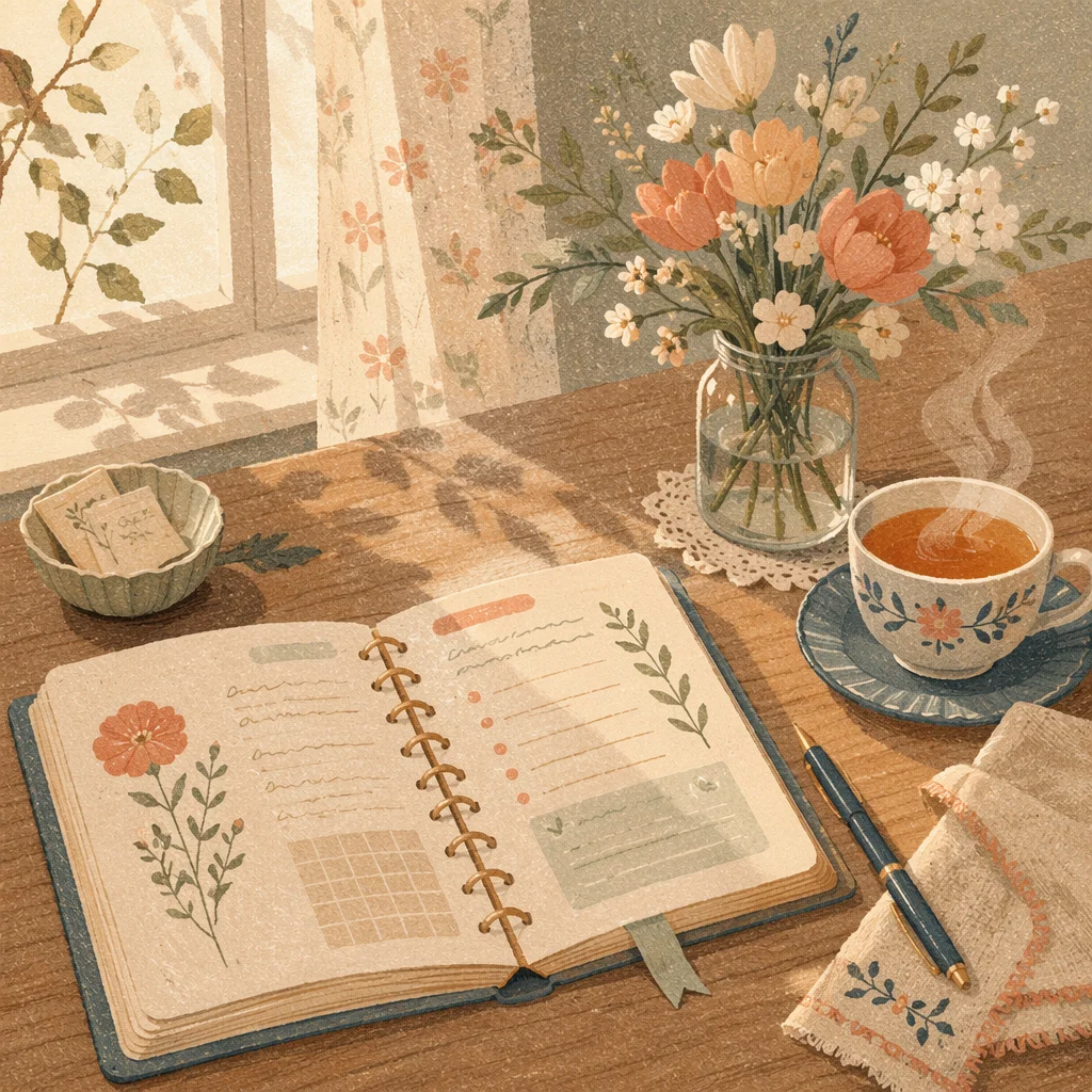 Peaceful Morning Planner with Tea and Flowers