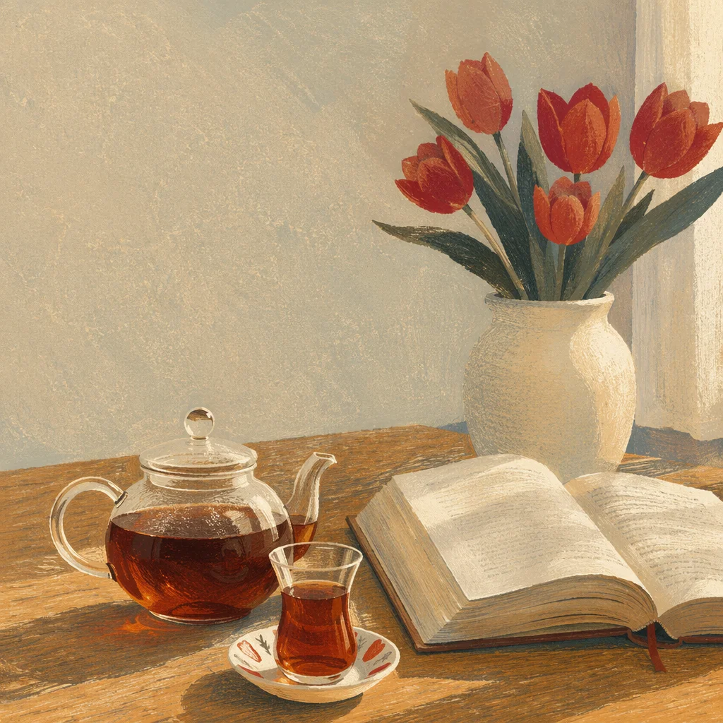 Open Book and Tea on Oak Table