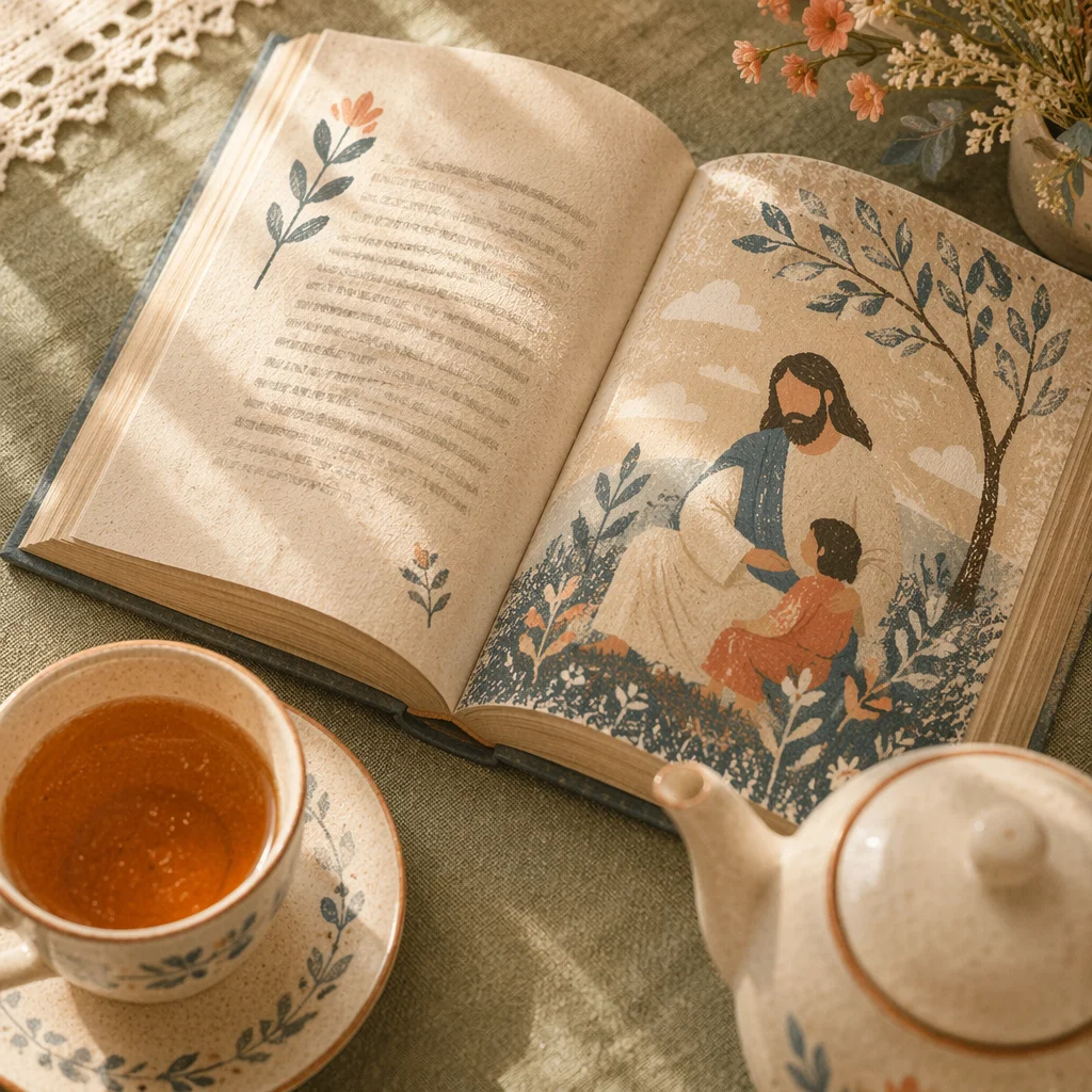 Open Book and Tea on Linen