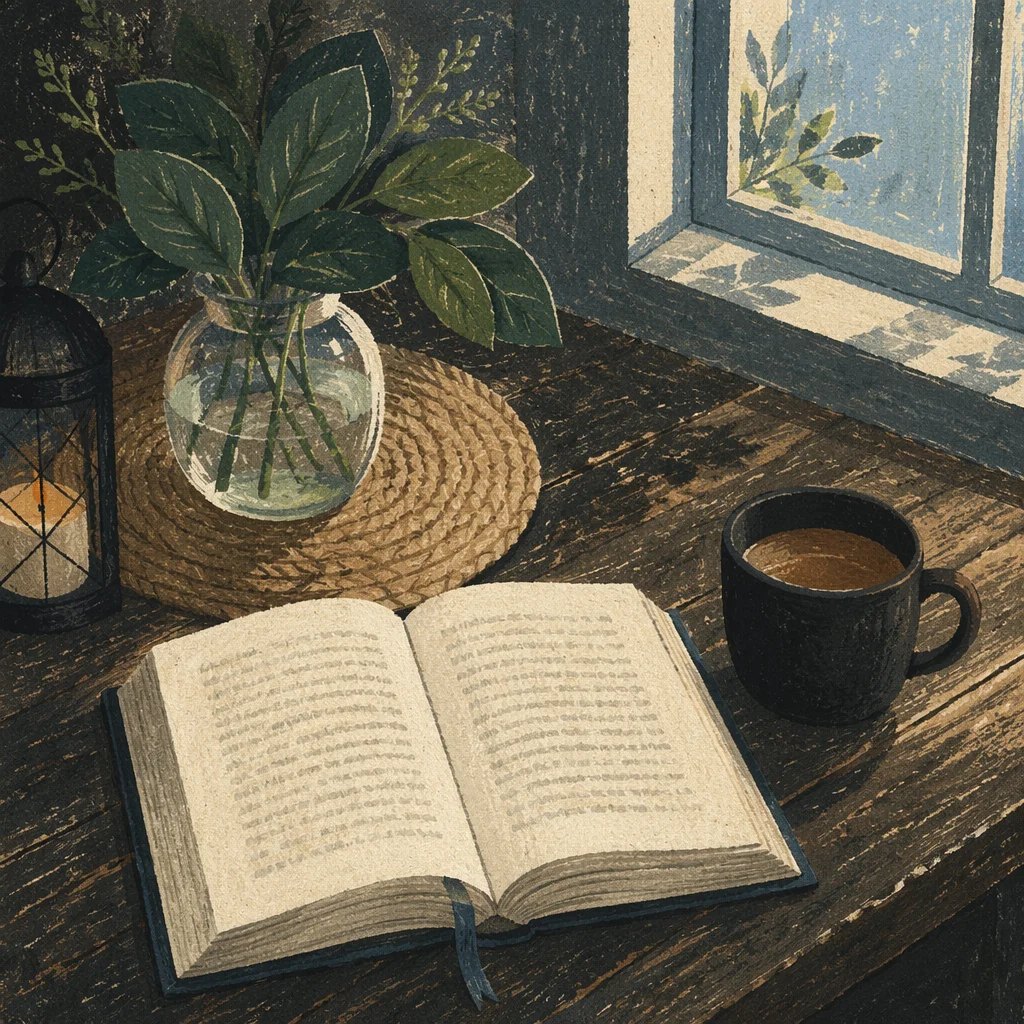 Open Book and Tea on Rustic Table