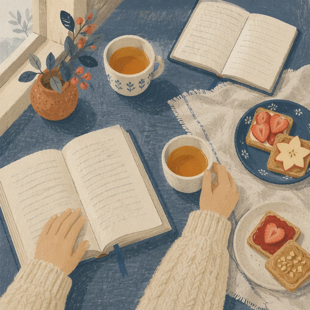 Morning Tea and Open Book Flat Lay