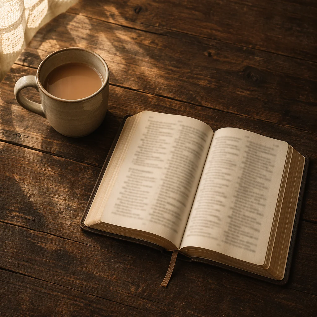 Open Book and Tea on Wooden Table