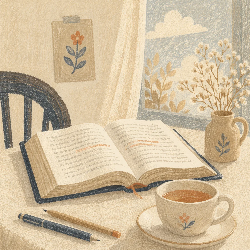 Open Devotional Book and Tea Table