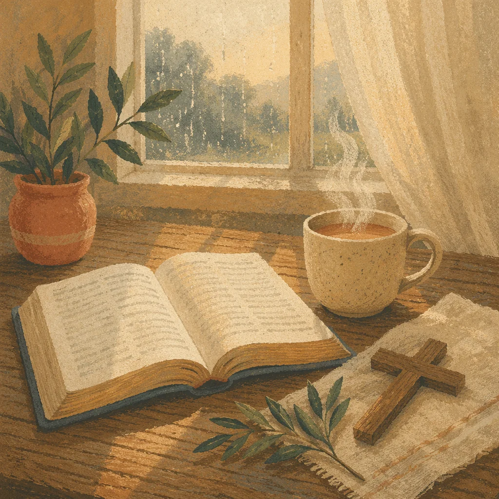 Open Devotional Book and Tea