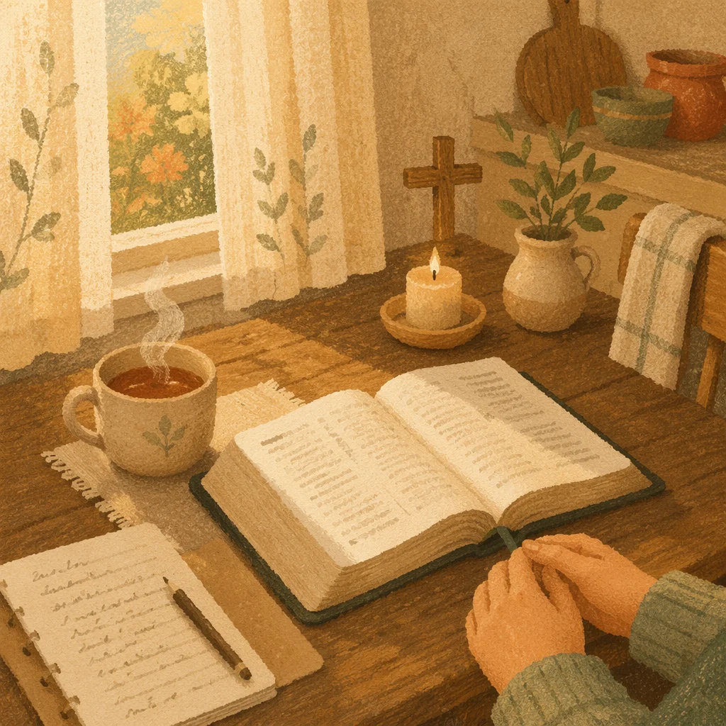 Open Devotional Book with Tea