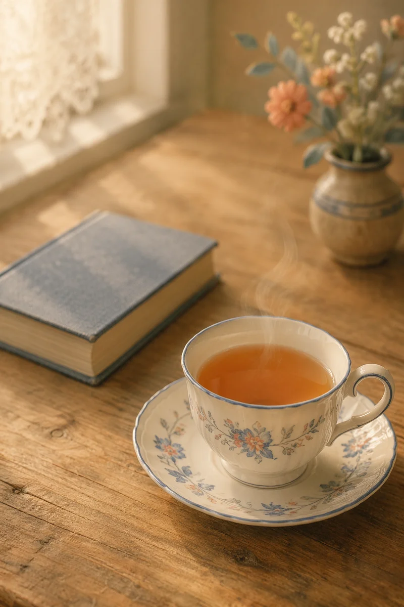 Steaming Tea Cup with Book