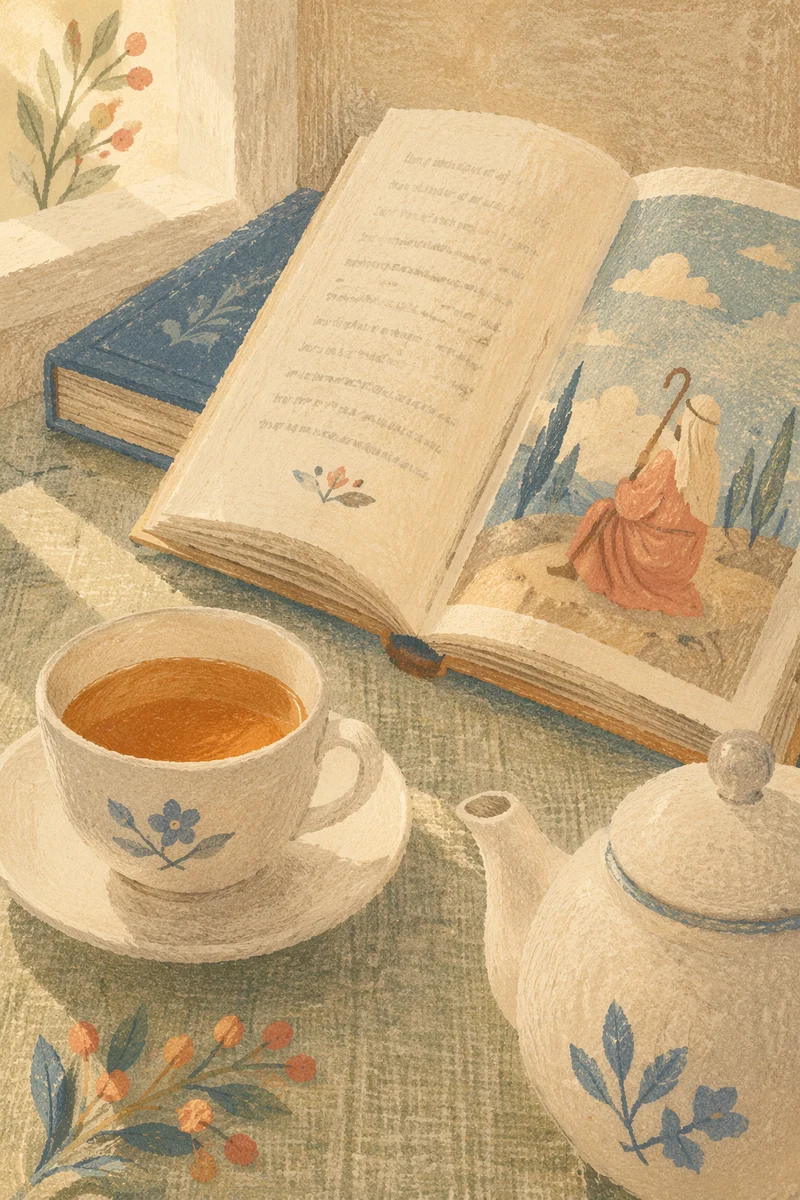 Open Book and Tea on Linen Table