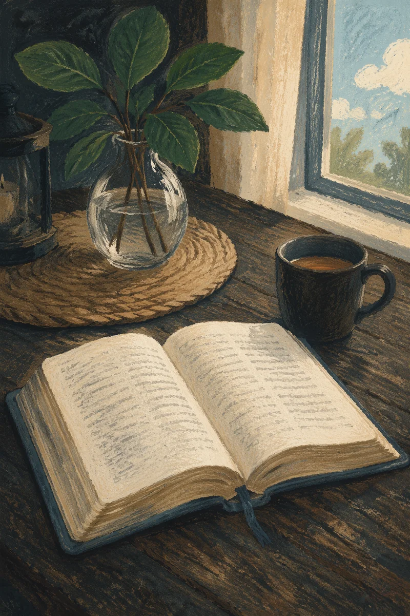 Open Book and Tea on Rustic Table