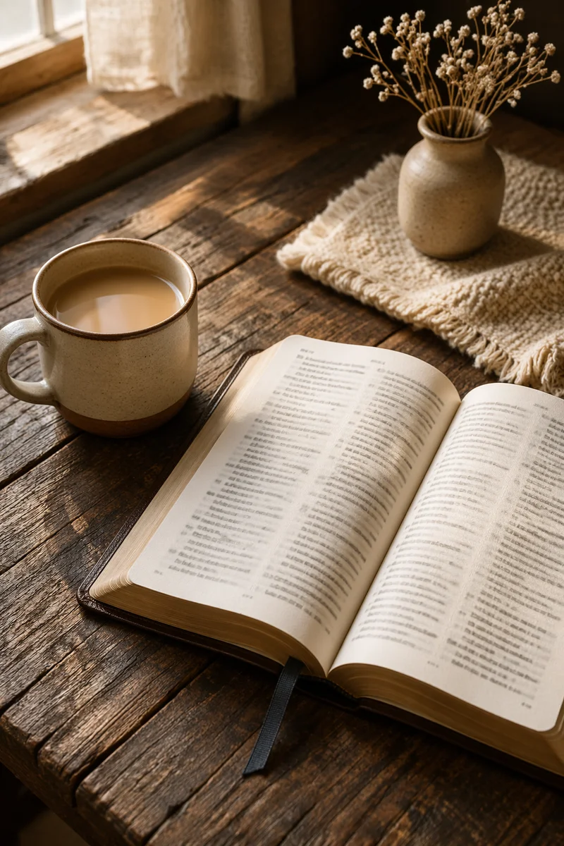 Open Book and Tea on Wooden Table