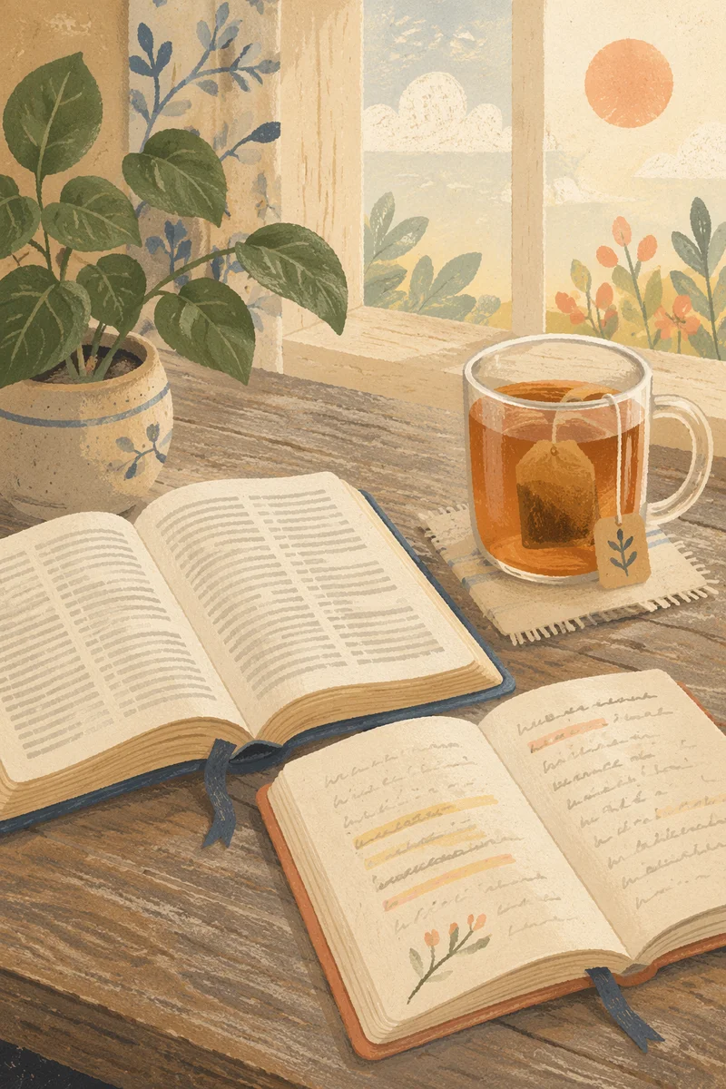 Open Books and Tea on Wooden Table
