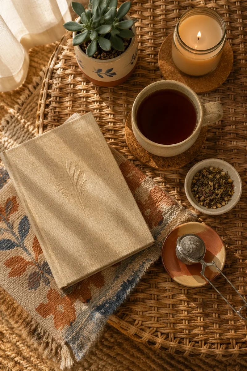 Tea and Journal on Rattan Table