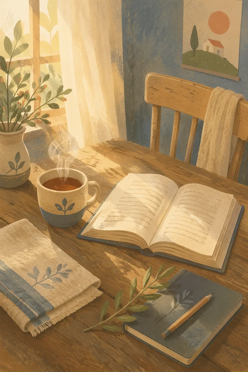 Open Book and Tea on Wooden Table