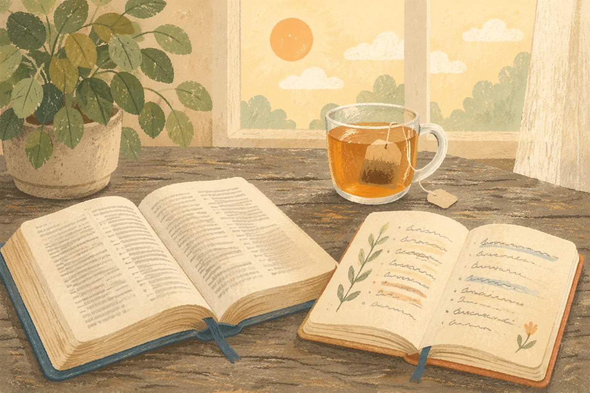 Open Books and Tea on Wooden Table