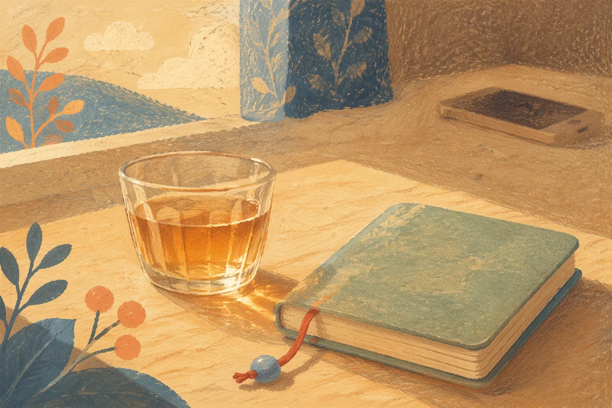 Tea and Booklet on Wooden Table