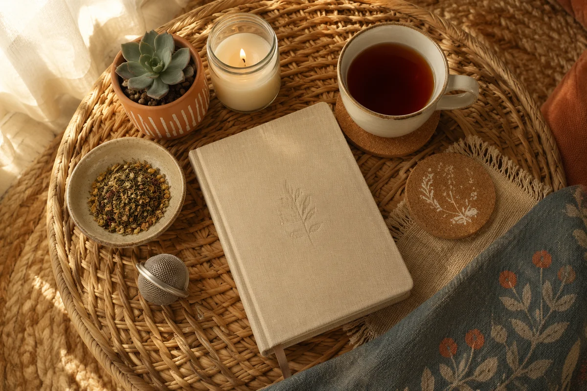Tea Journal Flat Lay on Rattan