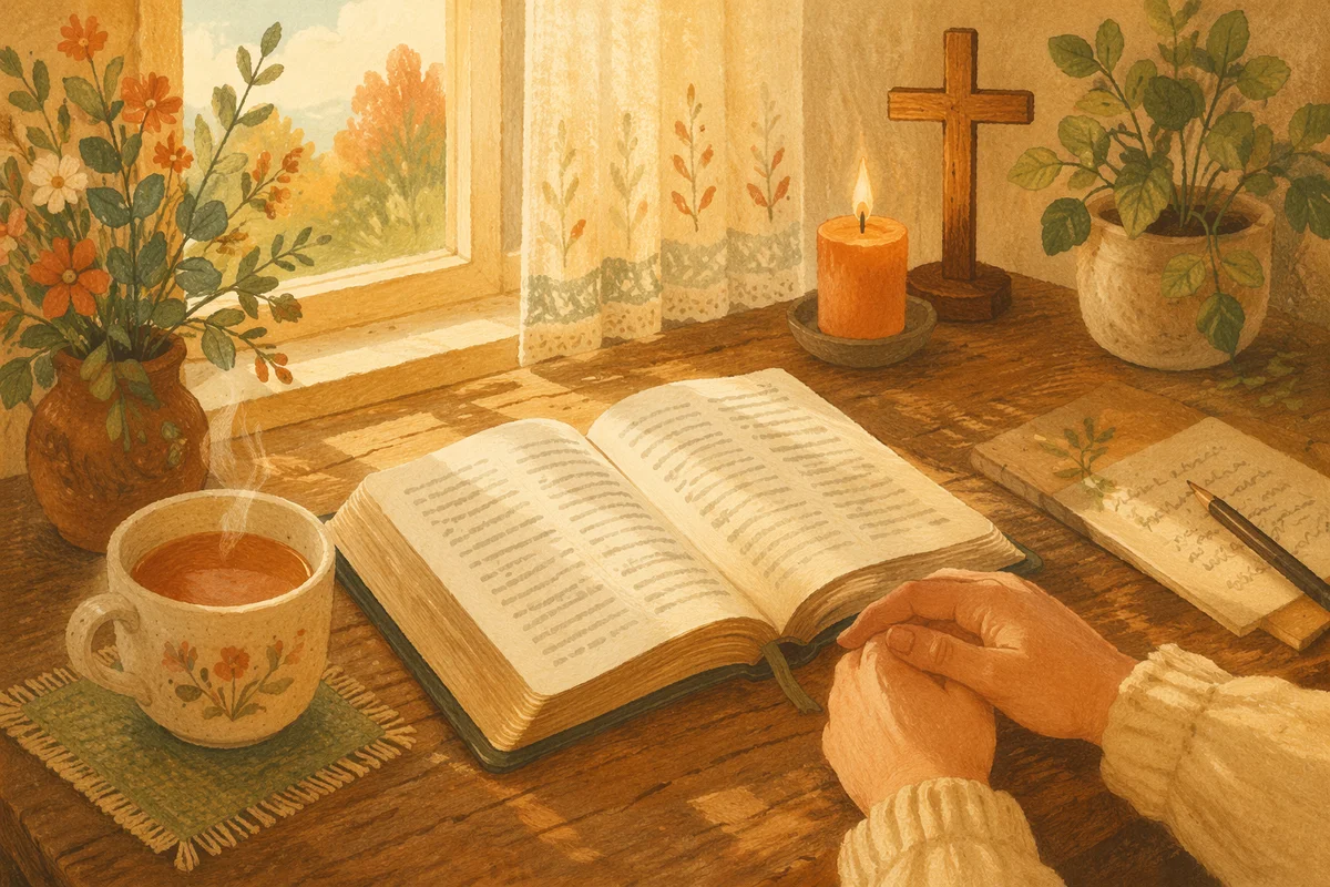 Open Devotional Book with Tea on Table